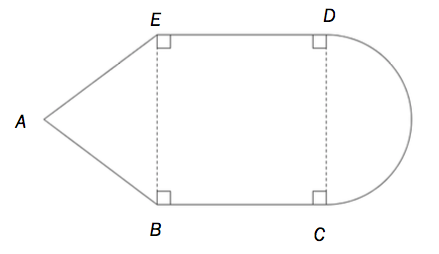 Figur satt sammen av en likebeint trekant, et kvadrat og en halvsirkel. 
Av to motstående sider i kvadratet BCDE er den ene siden, BE, en side i den likebeinte trekanten ABE, som har ulik lengde fra de to andre sidene. Den andre siden i kvadratet, CD er diameteren til halvsirkelen.